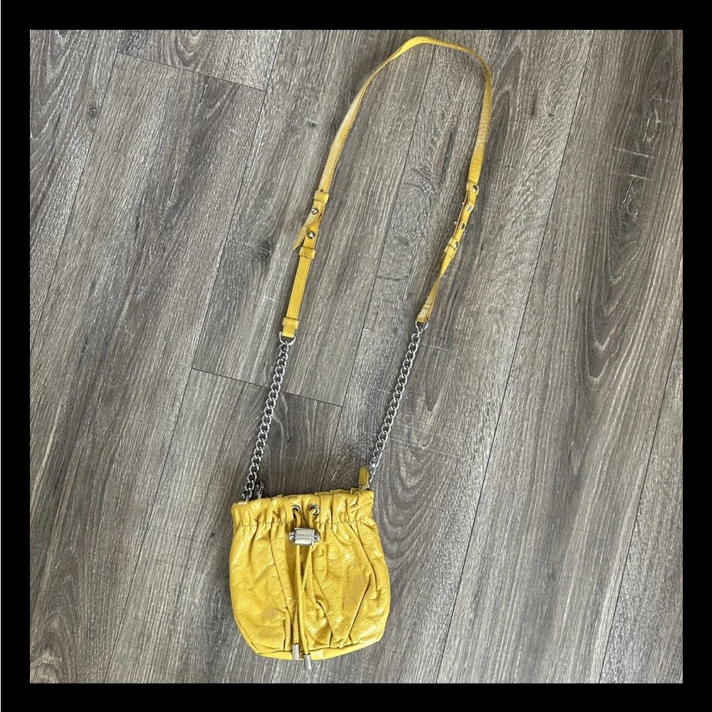 Badgley Mischka mustard yellow cross body bag, purse hobo silver hardware